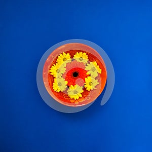 Summer background - a red dish with flowers on blue