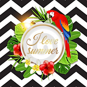 Summer background with red parrot