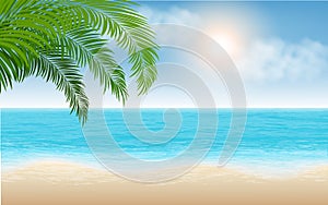 summer background. Relistic Beach, tropical sea and palm trees