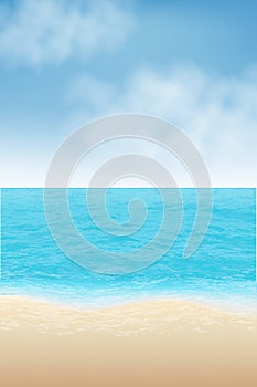 summer background. Relistic Beach and tropical sea with white realistic clouds