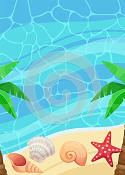 Summer background with sea, sand, palm, shell, starfish. Vertical summer template in cartoon style. Vector