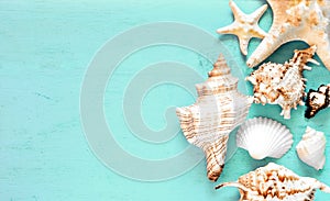 Summer background, sea shells on turquoise blue wood, top view, copy space.