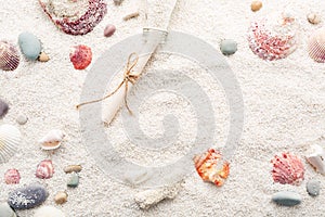 Summer background of Seashells and sea pebbles on beach sand.