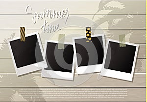 Summer background .Set of photo frames with adhesive tape. Wooden wall. Vector illustration.