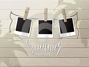 Summer background .Set of photo frames on the rope with clothespin. Wooden wall. Vector illustration.