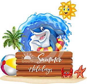 Summer background with shark and wooden sign