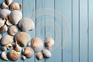 Shells blue wood background.