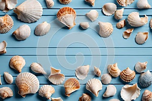 Shells blue wood background.