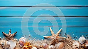 Summer background shells, starfish and sand on wooden blue background with copy space AI generated