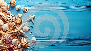 Summer background shells, starfish and sand on wooden blue background with copy space AI generated