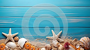 Summer background shells, starfish and sand on wooden blue background with copy space AI generated