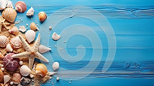 Summer background shells, starfish and sand on wooden blue background with copy space AI generated