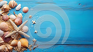 Summer background shells, starfish and sand on wooden blue background with copy space AI generated