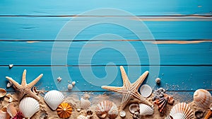 Summer background shells, starfish and sand on wooden blue background with copy space AI generated