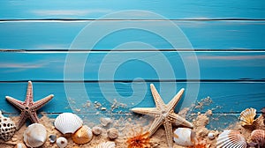 Summer background shells, starfish and sand on wooden blue background with copy space AI generated