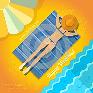 Summer background with sunbathe girl on beach near sea