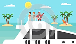 Summer background - sunny beach. Sea,palm tree and asian santa on yacht.Girls in bikinis.Merry Christmas and New Year. Modern flat