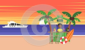 Summer background - sunset beach. Vacation at the ocean. The sun going down over the horizon is sunset. African man. Sea