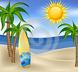 Summer background with surfboard and palm trees