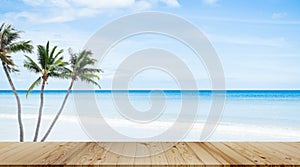 Summer Background Table on Sea Sand Beach at Coast Deck Wooden on Water with Sun Sunny Outdoor Landscape,blur Ocean with Tree