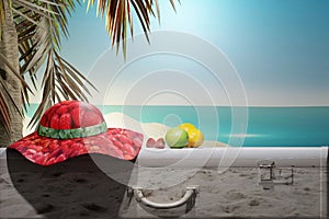 Summer background. Travel vacation holiday background. Tropical beach with sea horizon and travel bag.
