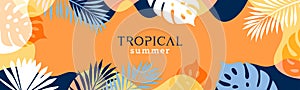 Summer background with tropical leaves and plants. Design template for sale, horizontal poster, header, cover, social media