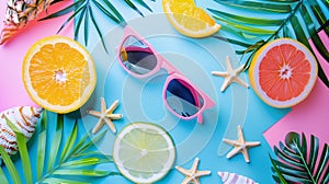 Summer background with tropical palm leaves, orange, lemon and sunglasses on blue background.
