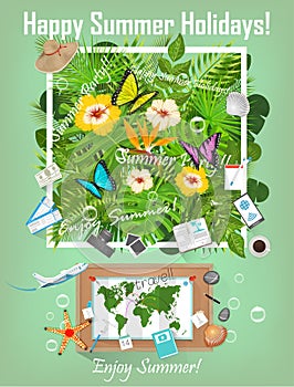 Summer background with tropical plants and flowers. Travel infographic. Preparation for the trip vector