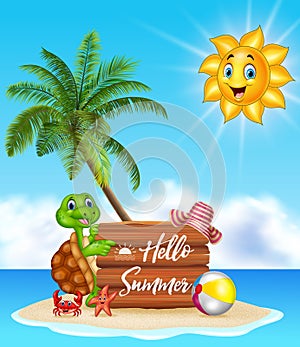 Summer background with turtle and wooden sign