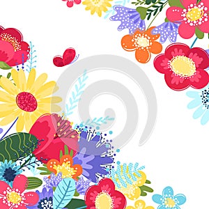 Summer background vector with flowers and a butterfly. Vector illustration with flowers in flat style isolated on white