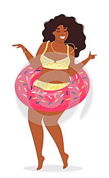 Summer background vector with a girl in a bathing suit with rubber ring for swimming. Cute vector illustration in flat