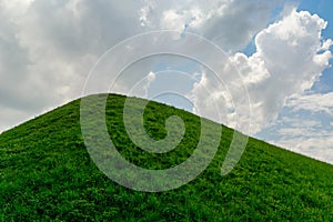 Summer background. warm sunny weather on a green grass hill. A blue sky with white clouds.