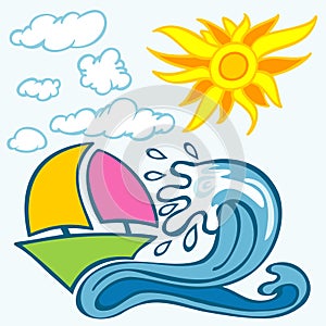 Summer background with wave boat sun and clouds