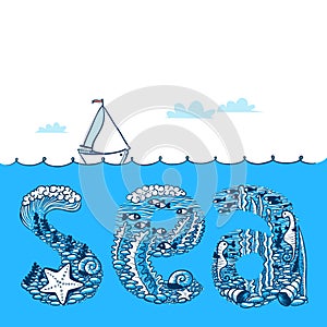 Summer background with waves and yacht. Sea doodle lettering com