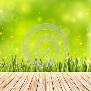 Summer background with wooden deck. Wood floor over green grass and blue sky. Abstract vector illustration.