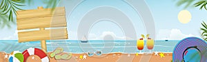 Summer background with wooden signboard on Sea beach,blue sky,cloud on sunny day,Vector Horizontal vacation holiday theme with