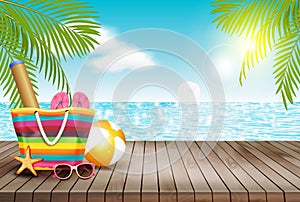 Summer background with wooden table and beach bag. Vector illustration