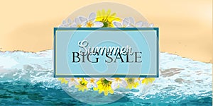 Summer banner. Background design of realistic ocean coast. Big summer sale. Special offer. Promotion of shares. Horizontal poster