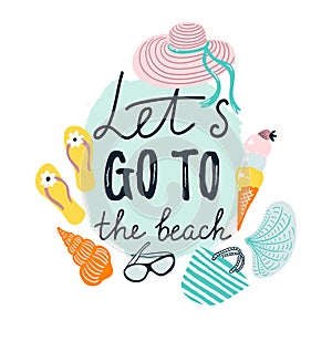 Summer banner with beach accessories. Vector hand drawn illustration