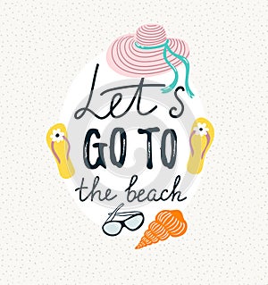 Summer banner with beach accessories. Vector hand drawn illustration.