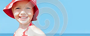 Summer banner child girl happy smile sea holidays photo