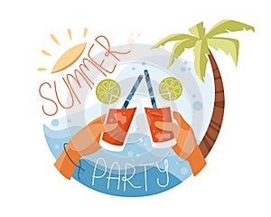 Summer banner cocktail in hands on the sea beach, poster summer party with drinks, fun vacation. Vector flat illustration