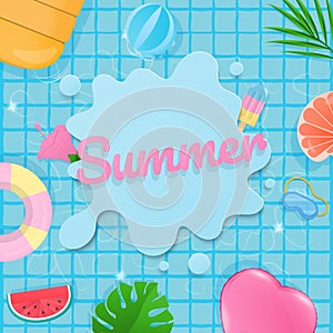 Summer banner and inflatable swim ring in swimming pool