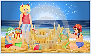 Summer banner, little boys and girls building sandcastles on the beach