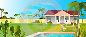 Summer banner with luxury villa, pool, plants, palms, lawn, clouds, fence, outdoor furniture.