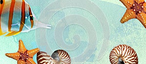 Summer banner with oil paint and watercolor brushes. Seashell, starfish and fish on a marine background with text space.