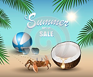 Summer banner for promoting sale, relaxing on the beach sand, coconut, ball, crab, sunglasses, palm tree leaves in the background