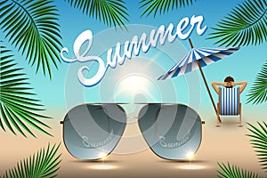 Summer banner for promoting sale, relaxing on the beach, sunglasses, palm tree leaves chaise longue and sunbathing tourist against