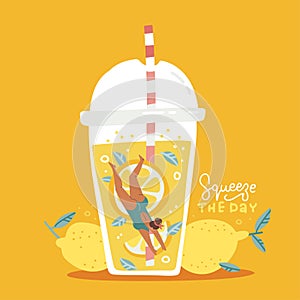 Summer banner with scene of woman diving fun inside the huge plastic glass of lemon juice lemonade, fruit smoothie