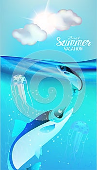 Summer banner with sea water with fishes and jellyfishes inside and clouds and sun.